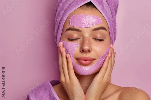 A woman enjoys a skin-care routine with a pink facial mask in a spa setting