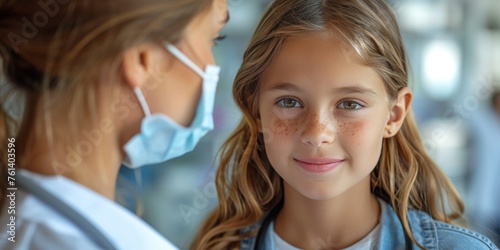 Little Girl With Face Mask Talking to Doctor
