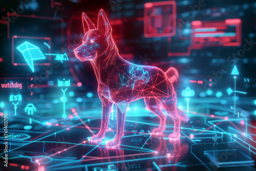 A digital watchdog symbolizing cybersecurity, surrounded by glowing data lines and symbols representing secure data.