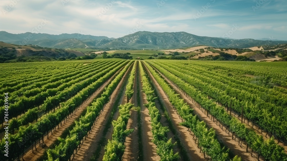 Aerial View of Vineyard With Mountains