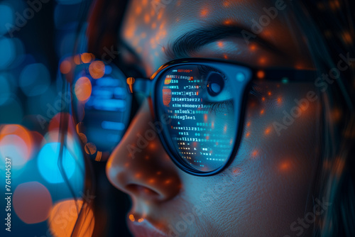 A woman is looking at a computer screen with a lot of numbers and letters