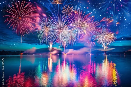 A majestic display of fireworks illuminating the night sky, commemorating India's Independence Day, creating a mesmerizing spectacle reflecting over serene water bodies.