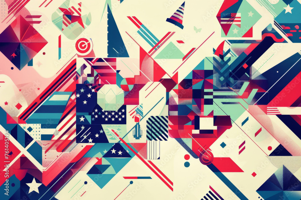 An array of geometric patterns in red, white, and blue, representing the patriotic spirit and political fervor during the presidential elections. An array of geometric patterns in red, white, and blue, representing the patriotic spirit and political fervor during the presidential elections.