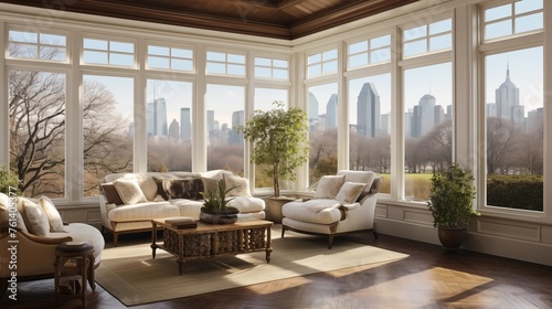 Sunroom with floor-to-ceiling windows framing a city skyline view.