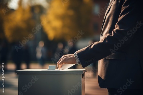 Citizen depositing vote in ballot box during election process for most relevant search results photo