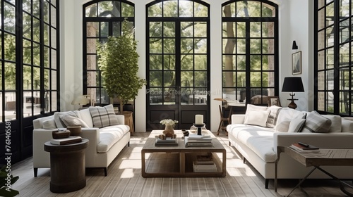 Sunroom with floor-to-ceiling industrial French windows. photo