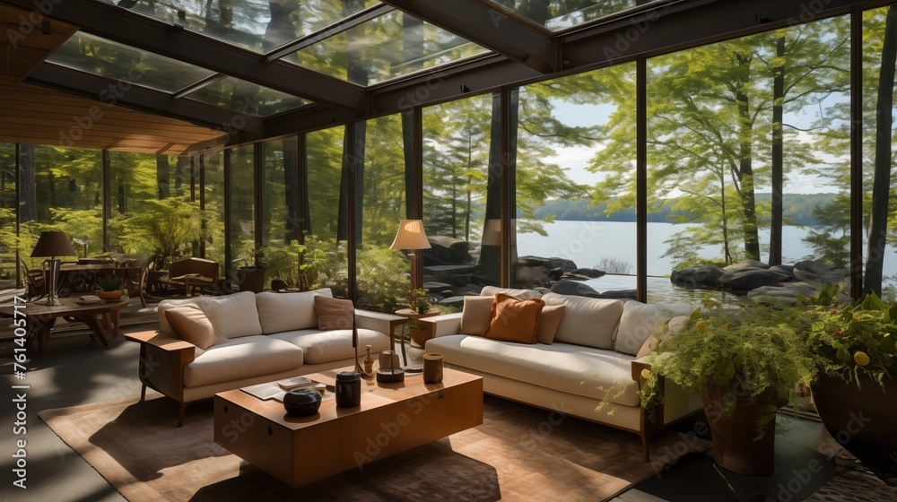 Fototapeta premium Sunroom with frameless glass walls for an unobstructed view.