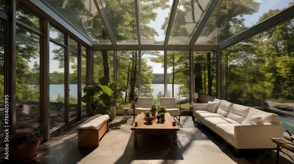 Fototapeta premium Sunroom with frameless glass walls for an unobstructed view.