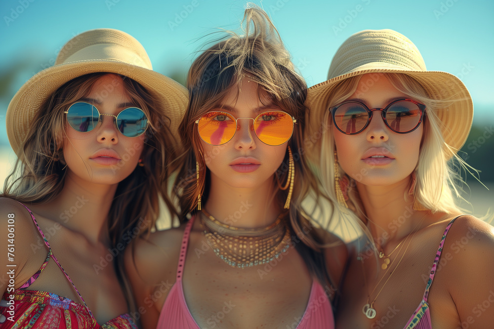 Three women wearing sunglasses and hats pose for a photo
