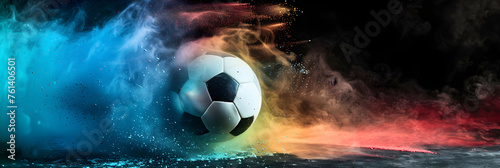 Soccer ball on an abstract background in splashes, splash,  photo