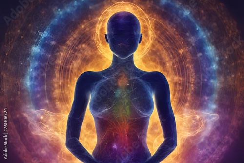 Picture of human energetic body silhouette with aura and chakras. Theme of Creation, healing energy, connection between the body and soul, connection of internal and external. Body of woman photo