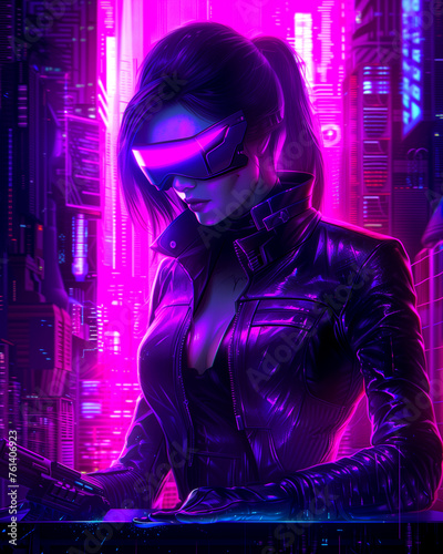 Bright poster in cyberpunk style, woman in virtual reality glasses