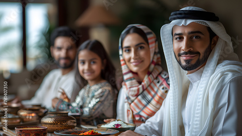 Happy Muslim parents having an evening meal with their kids at the dining table at home.