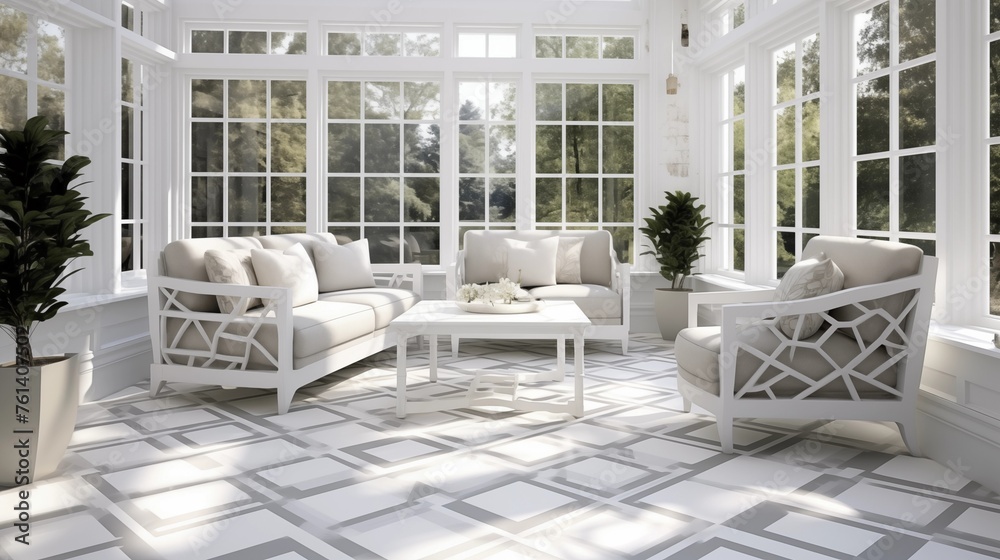 Fototapeta premium Sunroom with geometric patterned tile floors in shades of white.