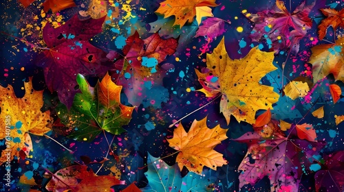 A colorful painting of autumn leaves with splatters of paint