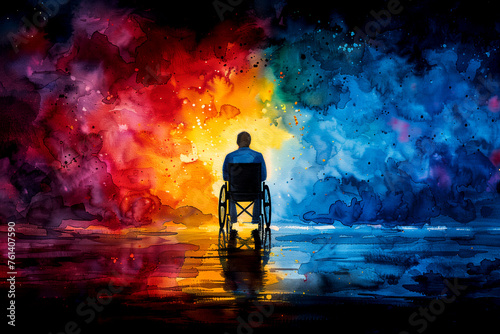 an athlete in a wheelchair takes part in a race. watercolor. desire to win. overcoming life's difficulties.