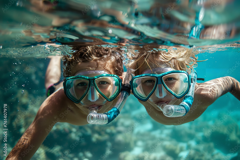 Kids with Snorkels Excited for Underwater Adventure
