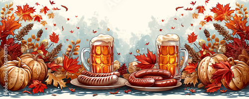 Colorful illustration for a beer pub advertising banner. Beer, sausages, snacks.
