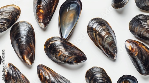 A row of black and brown shells with a blue center photo