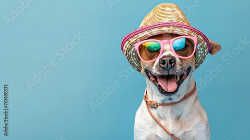 Funny party dog wearing colorful summer hat and stylish sanglasses on pastel blue background