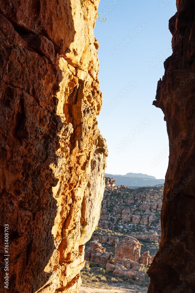 View of rock formations through a crack in a cliff in the Cederberg, western cape, South Africa
