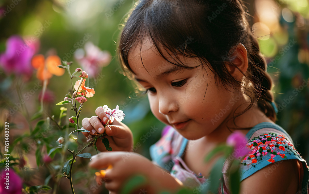 Child girl portrait working and playing in the backyard garden with colorful blooming flowers
