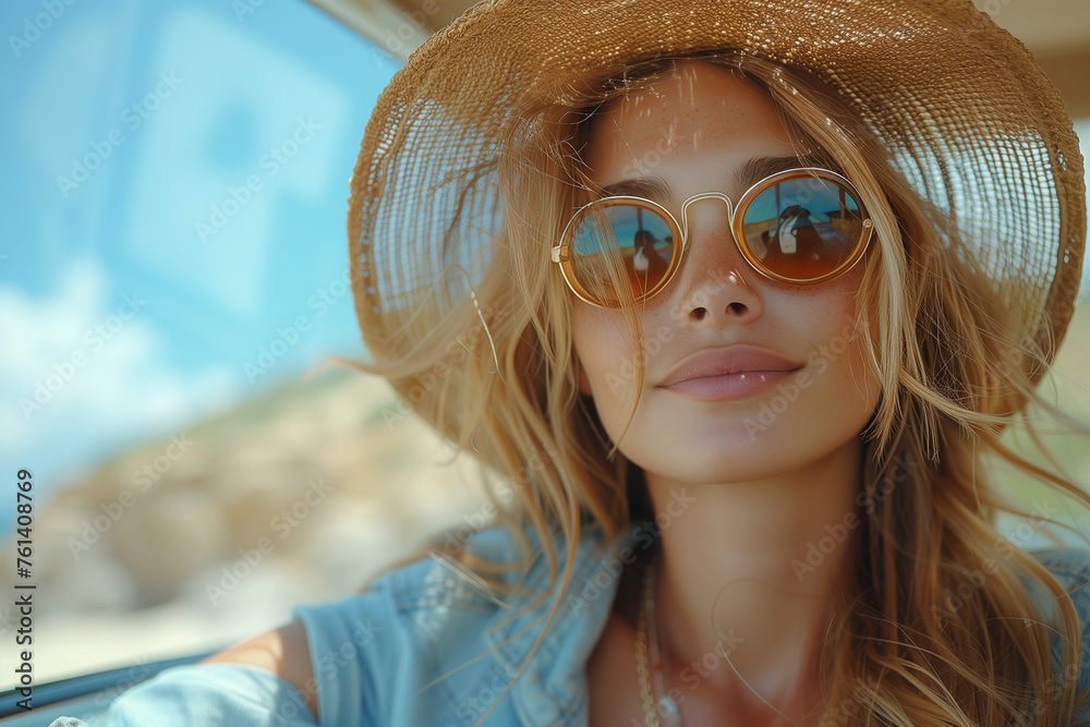 Young beautiful woman traveling by car in the mountain Young beautiful woman traveling by car in the mountain