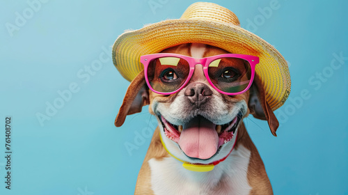 Funny party dog wearing colorful summer hat and stylish sanglasses on pastel blue background