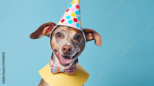 Funny party dog wearing colorful summer hat and stylish sanglasses on pastel blue background photo