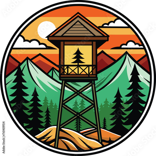 illustration of a tower house in the mountains vector illustration, tower home on top of a mountain t-shirt design