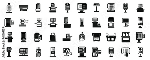 Self service checkout icons set simple vector. Supermarket scan terminal. Shop grocery