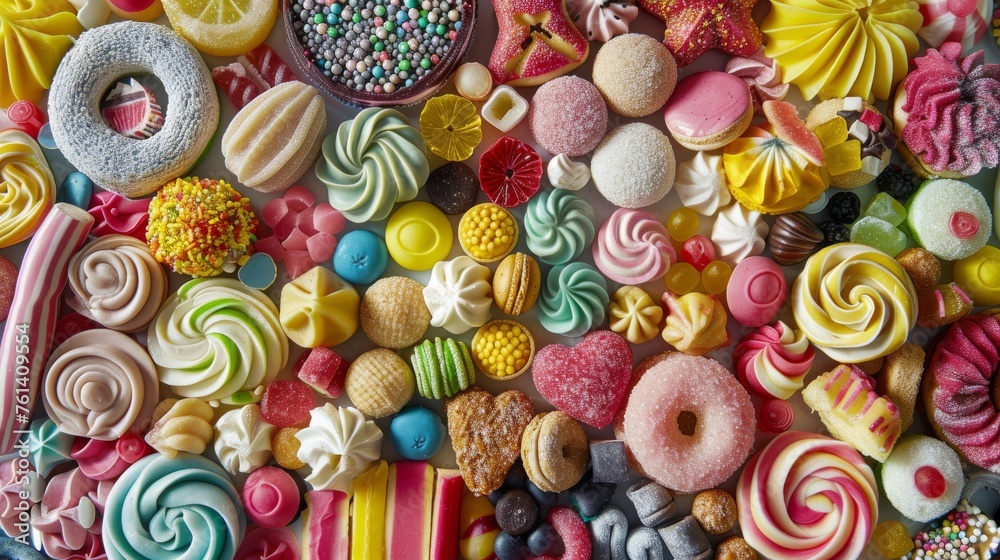 A colorful assortment of sweets and desserts, including donuts, cupcakes