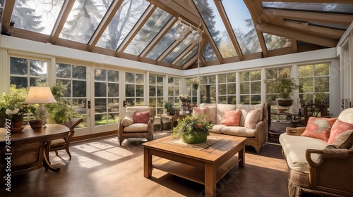 Sunroom with high vaulted wood plank ceilings and skylights.