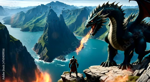 Bravery warrior versus dragon on rock mountains. Seamless looping time-lapse 4k video animation background photo
