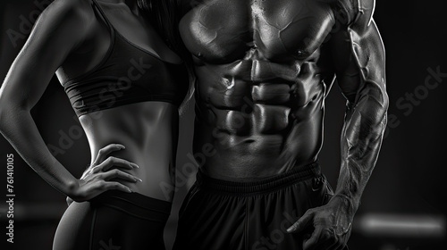 Athletic muscular woman and man torsos on a black background. Layout concept for a gym or fitness training. 