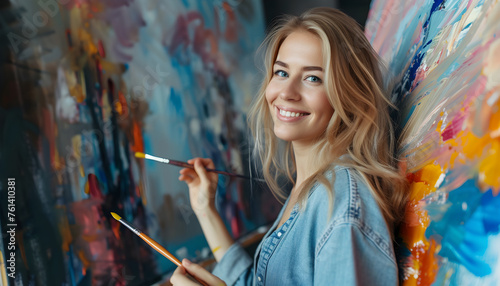 Creative Woman artist drawing with oil painting in her art studio, smiling carefree female making a new painting on a canvas.