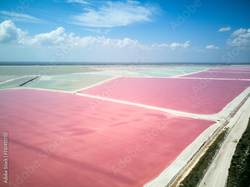 Las Coloradas Pink lake , Mexico . Drone photo