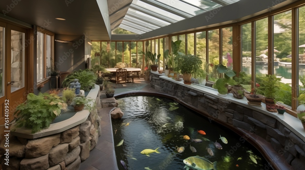 Sunroom with integrated indoor water feature and koi pond.