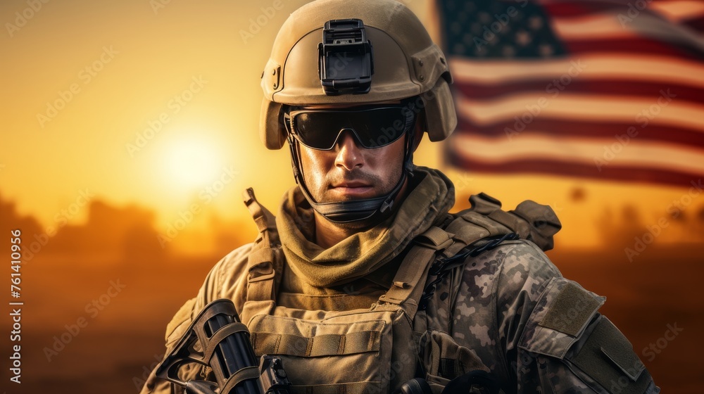 Soldier with usa flag at sunrise, symbolizing national holidays and patriotism on key us dates