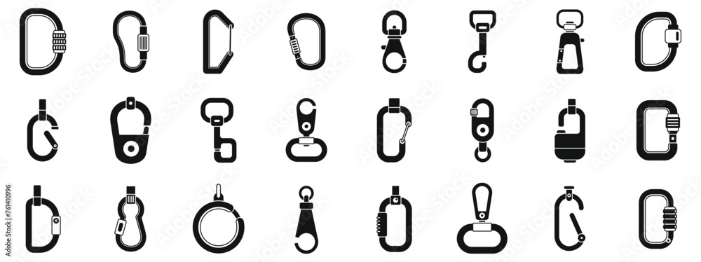 Carbine icons set simple vector. Clip hook climber. Clasp tool metal - obrazy, fototapety, plakaty 
