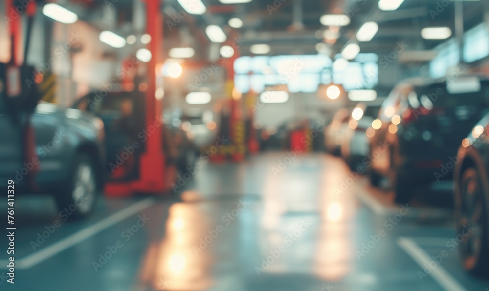 Blurred car maintenance center or auto interior with defocus background