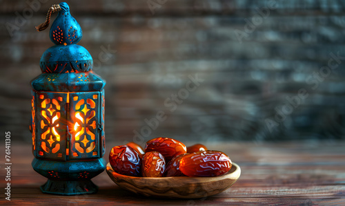 A traditional Ramadan lantern and dates on a table. Religious observance and tradition.