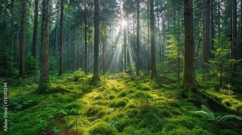 Sun Shines Through Trees in Green Forest