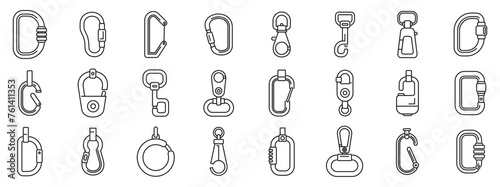Carbine icons set outline vector. Clip hook climber. Clasp tool metal