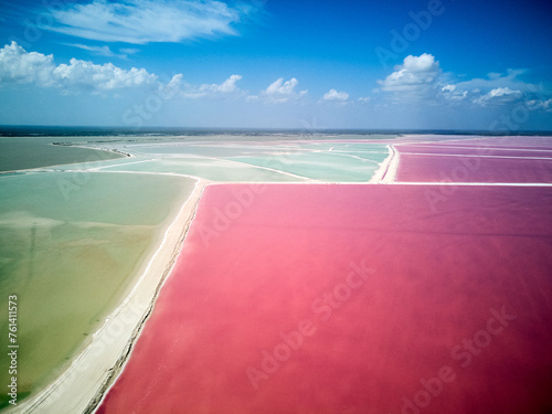 Las Coloradas Pink lake , Mexico . Drone photo