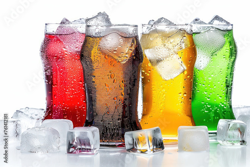 Chilled Soda Variety. Glasses of colorful sodas with effervescent bubbles, nestled in crushed ice, showcasing a refreshing array of fizzy beverages.