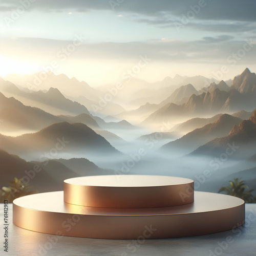 Photoreal 3D with Serene Podium with a blurred or bokeh background of a Misty Mountain Range