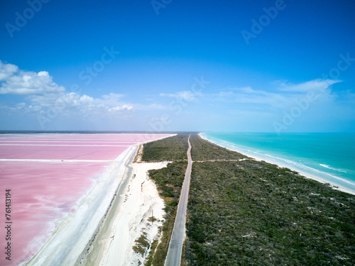 Las Coloradas Pink lake , Mexico . Drone photo