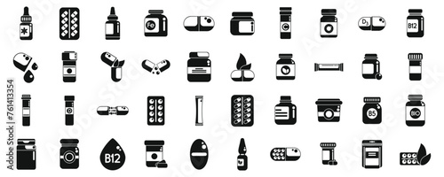 Dietary supplements icons set simple vector. Vitamin label. Package multivitamin