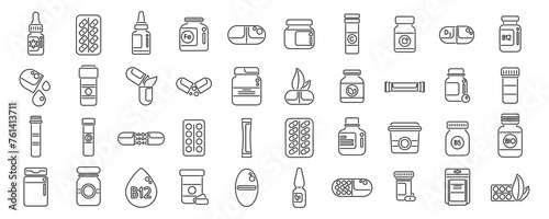 Dietary supplements icons set outline vector. Vitamin label. Package multivitamin